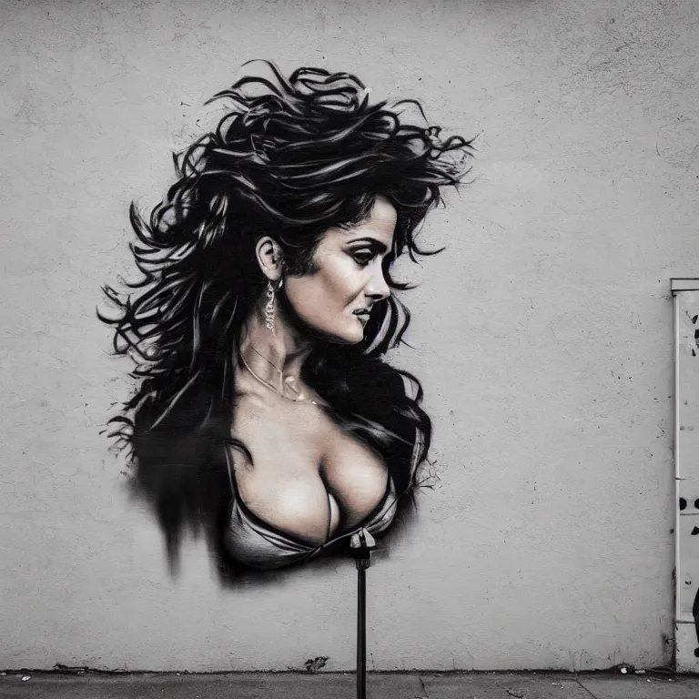 Prompt: Street-art portrait of Salma Hayek in style of Banksy, long hair like a waves around the face, photorealism, Sony a7R