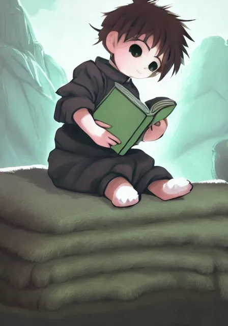 Prompt: beautiful little boy wearing sheep suit reading a book while sitting on chair, gray, blue, green and brown pallet color. made in abyss art style, inspired in kris from deltarrune, cute detailed artwork, anatomically correct, soft details, ilya kuvshinov, reflection, perfect composition, mobile wallpaper, low illumination