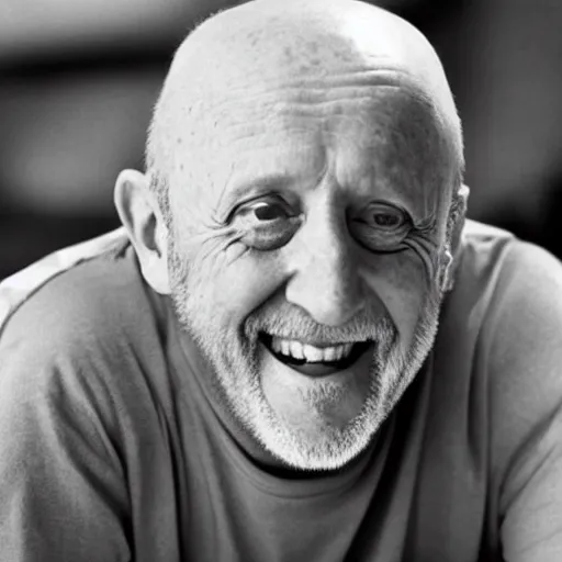 Prompt: mike ehrmantraut grinning in front of a camera