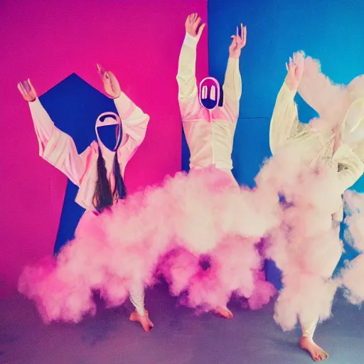 Image similar to photo of dancers made from cotton candy in big geometric MASKS, smudge, lo fi, mix, texture, lomography