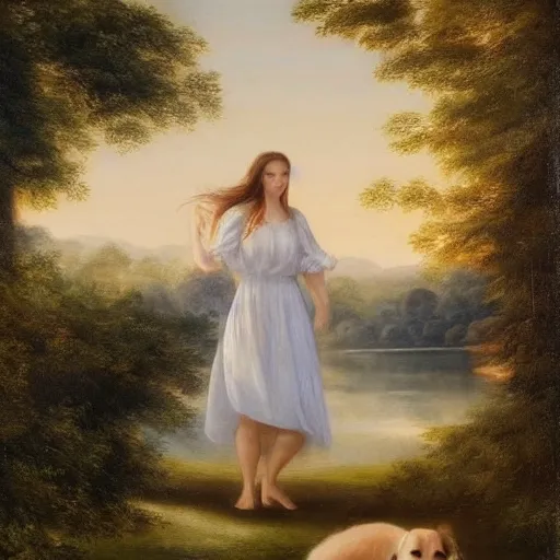 Prompt: a beautiful girl with a beautiful face wearing white dress, a dog, john martin landscape, lake, evening