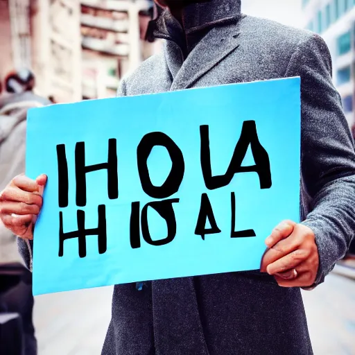 Prompt: instagram photo of guy holding sign that reads. hola. high definition, realistic, 8 k