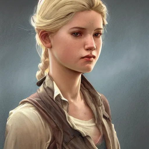 Image similar to Blonde Ellie from TLOU, highly detailed, digital painting, artstation, concept art, smooth, sharp focus, illustration, ArtStation, art by artgerm and greg rutkowski and alphonse mucha and J. C. Leyendecker and Edmund Blair Leighton and Katsuhiro Otomo and Geof Darrow and Phil hale and Ashley wood and Ilya repin and Charlie Bowater