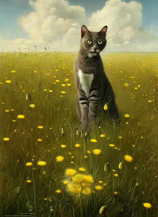 Image similar to the cat in the field from : dandelions, poppy and tulip, chamomile, hyperrealism, no blur, 4 k resolution, ultra detailed, style of ivan shishkin, tyler edlin, tom bagshaw, arthur rackham,