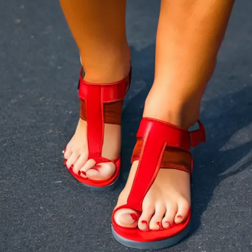 Prompt: a foot model wearing red sandals