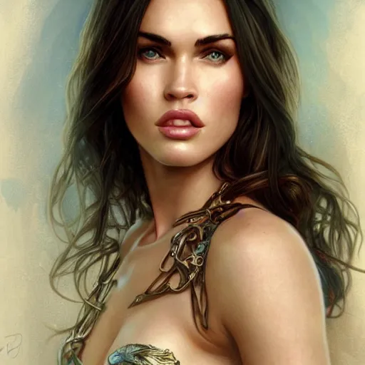 Prompt: portrait of younger Megan Fox, 2008, fantasy, intricate, elegant, highly detailed, digital painting, artstation, concept art, smooth, sharp focus, illustration, art by artgerm and greg rutkowski and alphonse mucha