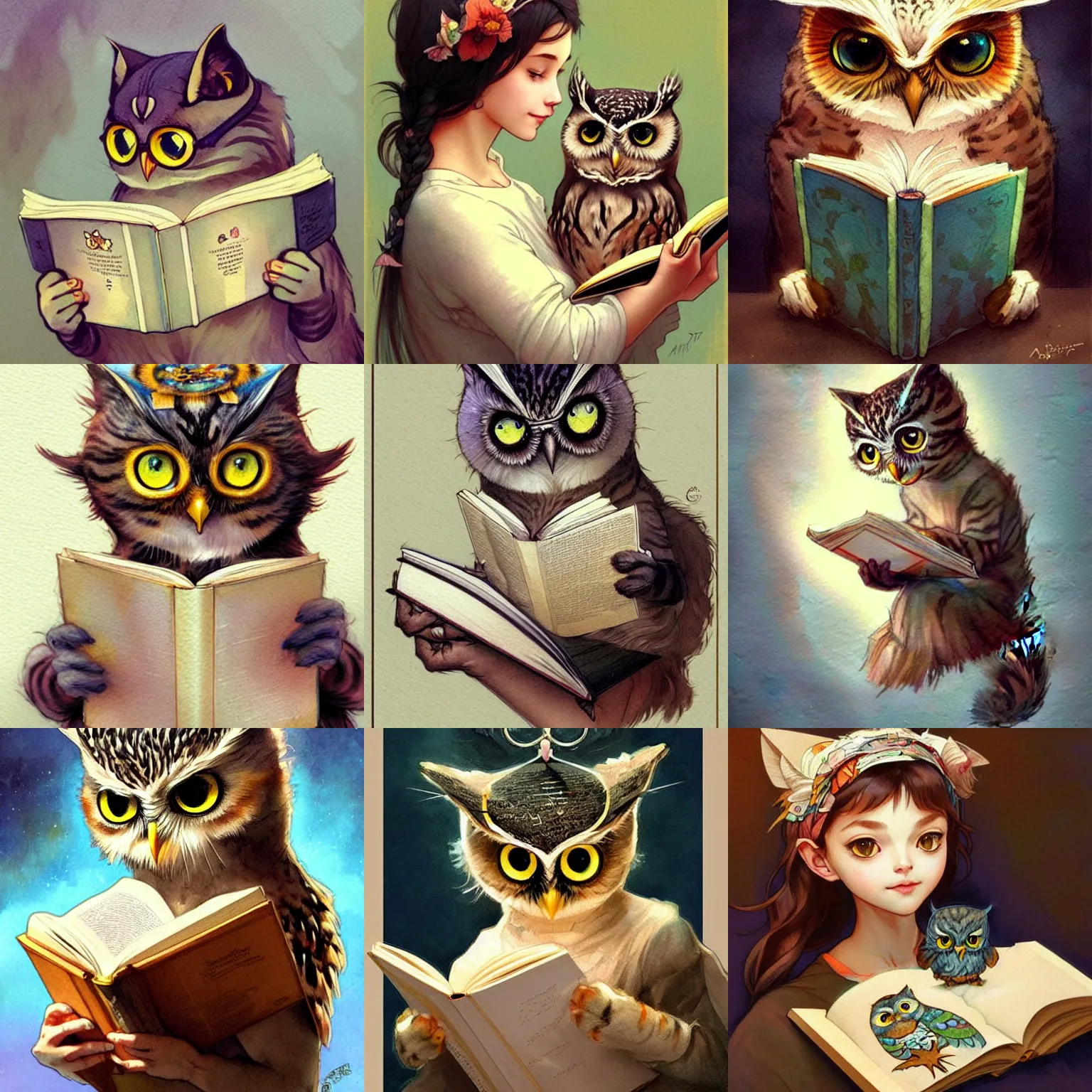 Prompt: cute cat reading from a a children's book, with a cute little owl on her head, water colors, highly detailed, artstation, concept art, matte, sharp focus, illustration, art by Artgerm and Greg Rutkowski and Alphonse Mucha