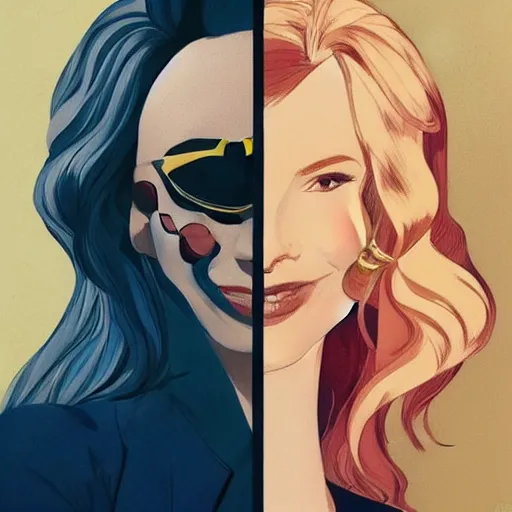 Image similar to Joshua Middleton comic art, stunning female Actress Audrey Plaza, spy, eye patch over left eye, evil smile, symmetrical face, symmetrical eyes, tailored clothing, long straight blonde hair, full body, Winter night