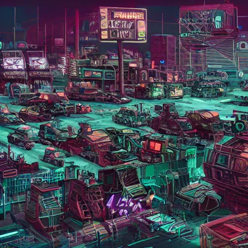 Image similar to digital art, trending on artstation, a post apocalyptic world ruled by rusty machines under a full moon in a gigantic city full of neon lights and machines acting like humans, these being the vast majority of the population.