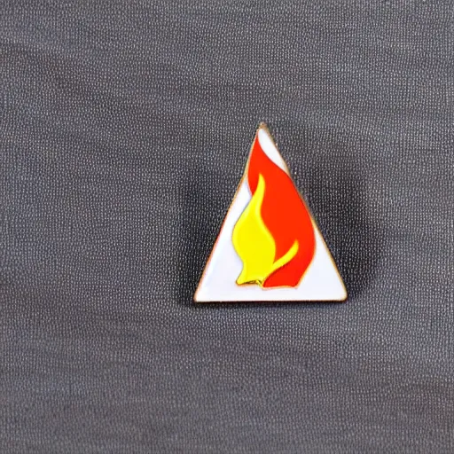 Prompt: a retro minimalistic triangle enamel pin of a retro minimalistic flame fire warning label, smooth curves