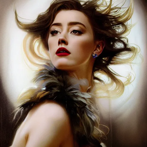 Image similar to hyperrealistic portrait of a woman as amber heard posing to noir moon in a white swan dress wearing sapphire jewellery with long feather collar by jeremy mann and alphonse mucha, fantasy art, photo realistic, dynamic lighting, artstation, poster, volumetric lighting, very detailed faces, 4 k, award winning