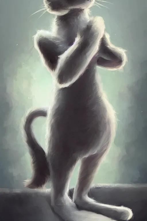 Prompt: a fullbody pose of humanoid cat, beautiful clean oil painting a anthropomorphic cat in a cats city from the top of a roof pinterest, artstation trending, behance, silver, laser light, trending on furaffinity, backlighting, cartoon, by kawacy