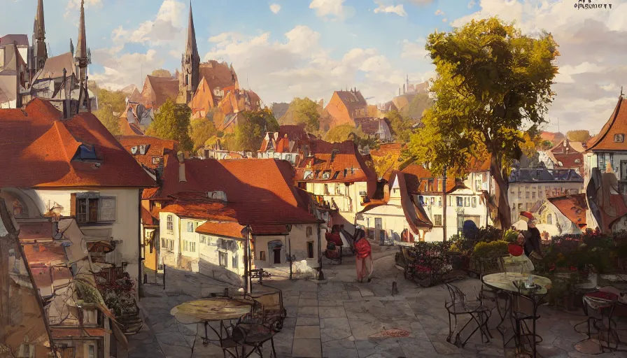 Image similar to Stefan Koidl's painting of a european town, view from cafe terrace. 4k, octane, digital painting, artstation, concept art, sharp focus, illustration, art by artgerm and greg rutkowski and alphonse mucha.