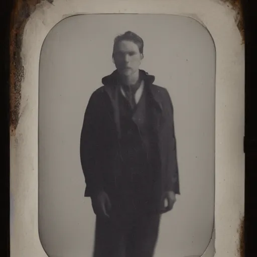 Prompt: a wet-collodion portrait of a man behind a white backdrop, spot-lighting, depth of field, high contrast