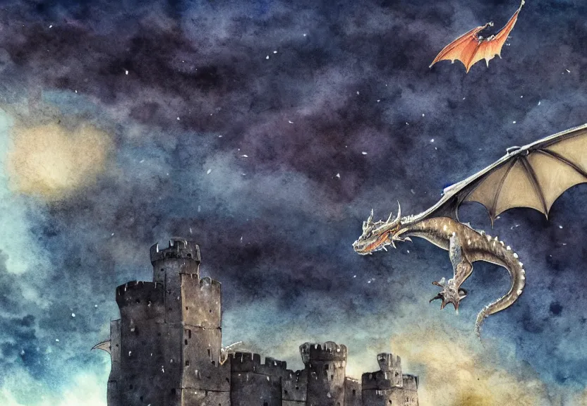 Image similar to dragon possum flying over a medieval castle under a dark starred sky, dark fantasy, watercolor, dreaming illusion, highly detailed, 4k, trending on Artstation, award-winning