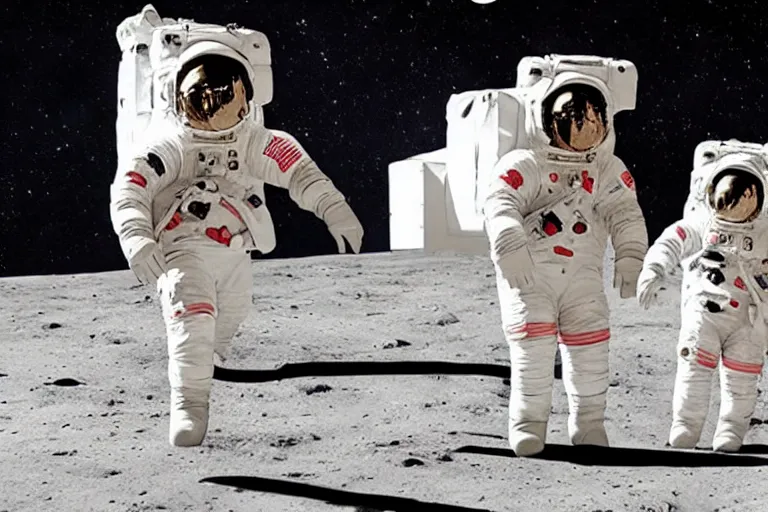 Image similar to 2 astronauts having a vacation in the moon with cats and dogs