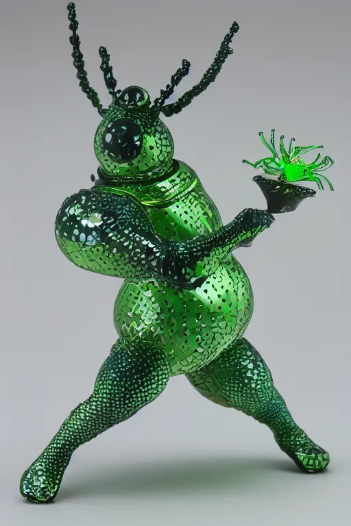 Prompt: a fat bubbly super detailed anime figurine with fluo color detail, and muted arm colors, that looks like a insect, surrounded by plastic synthetic ionized metal flower sculptures