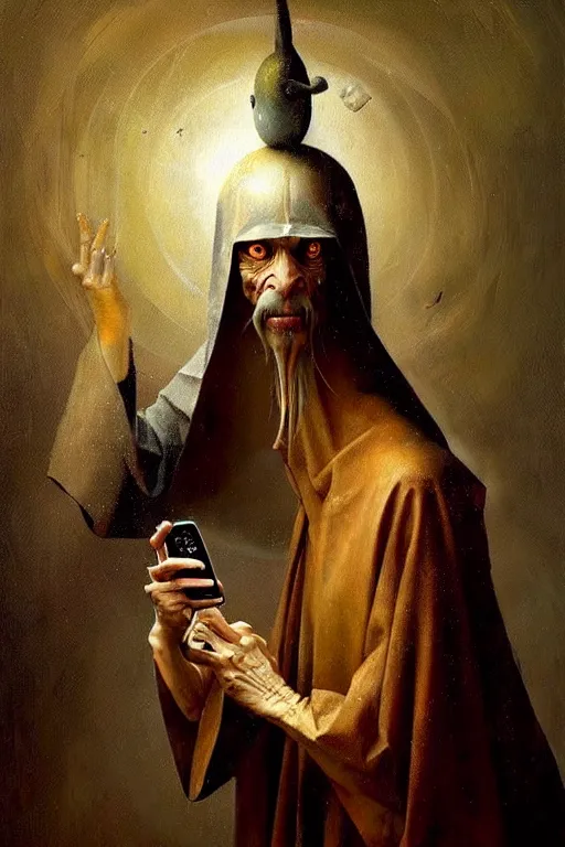 Image similar to hieronymus bosch, greg rutkowski, anna podedworna, painting of god using a cellphone