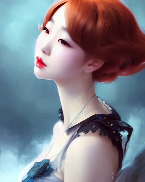 Image similar to a pin up and beautiful fashion charming dreamlike korean girl with low cut dress, character art, art by artgerm lau and kyoung hwan kim and and ilya kuvshinov and john singer sargent, hyperdetailed, 8 k realistic, symmetrical, frostbite 3 engine, cryengine, dof, trending on artstation, digital art