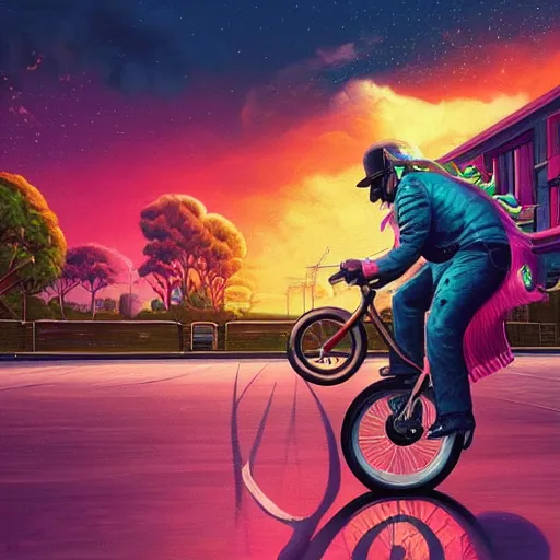 Image similar to a beautiful painting of a very detailed gangster riding a bike by dan mumford, beeple, trending on artstation, vapourwave