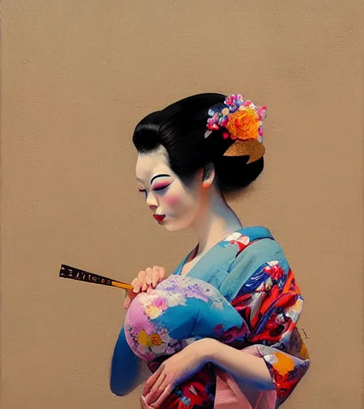 Prompt: delightful geisha, sleepwalk by bartholomew beal, alfio presotto, rhads, salustiano garcia cruz, lita cabellut, contemporary art, mixed media, whimsical art, detailed,