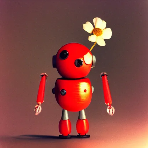 Image similar to a cute tiny robot is holding a big flower up above its head, a ladybug is beside the robot, award winning macro photography, kodak ektar, dramatic lighting