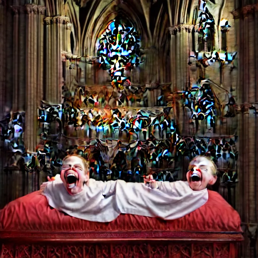 Image similar to a portrait of child sitting in a bed, screaming. the bed is inside a gothic cathedral. under the bed is a hideous laughing demon dressed as a catholic priest. religious symbols, digital art, hyperrealistic, nightmare, terrifying, supernatural, highly detailed, creepy