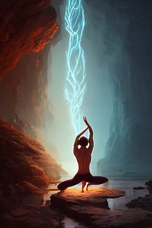 Prompt: detailed intricate digital illustration by greg rutkowski and artgerm and wlop and sanford robinson gifford ; yoga pose. bioluminescent radiant veins glowing ; 1 3 mm film, arri alfa anamorphic lens, sharp focus ; lit from behind, edge lighting, trending on artstation 8 k