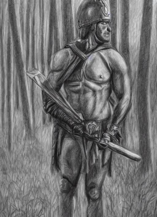 Image similar to a realistic pencil drawing of a praetorian guard in the forest of gaul, pronounced masculine features, low dutch angle, face in focus, natural lighting, realism, strong muscular features