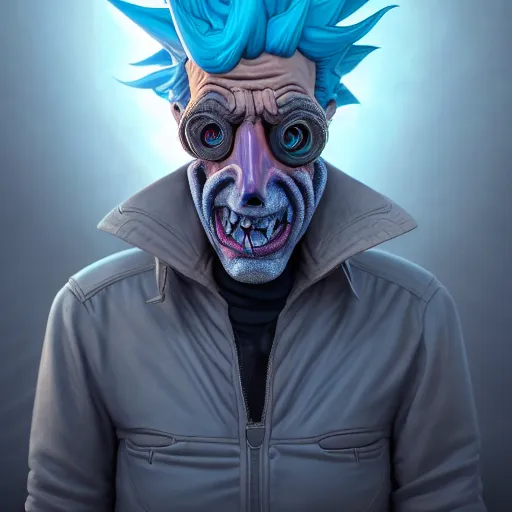 Image similar to apocalyptic rick sanchez portrait with twisted ribbed face by rutkowsky and charles vess and james jean and erik jones and rhads, baroque, 3 d octane render, beautiful fine face features, intricate high details, sharp, ultradetailed