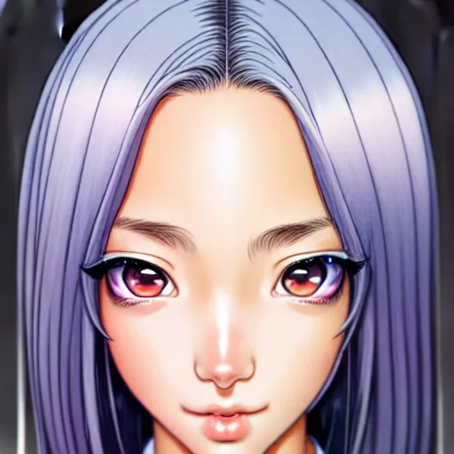 Prompt: depicting an extreme close up face of a dainty young truant female stoner prep highschool school student with medium length silky straight iridescent black hair and lightly suntanned skin, illustrated by Artgerm and Range Murata.