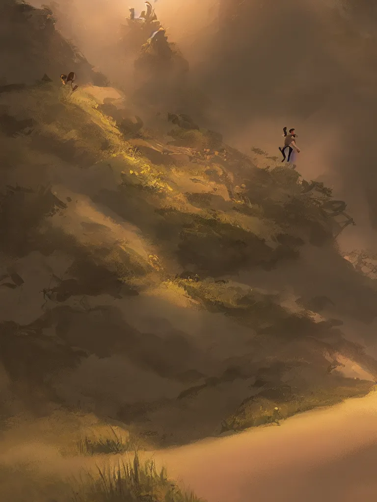 Prompt: running up a hill, by disney concept artists, blunt borders, rule of thirds, beautiful light