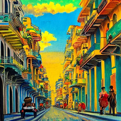 Image similar to art nouveau painting of streets of Havana, Cuba, colorful, beautiful, diverse, golden hour