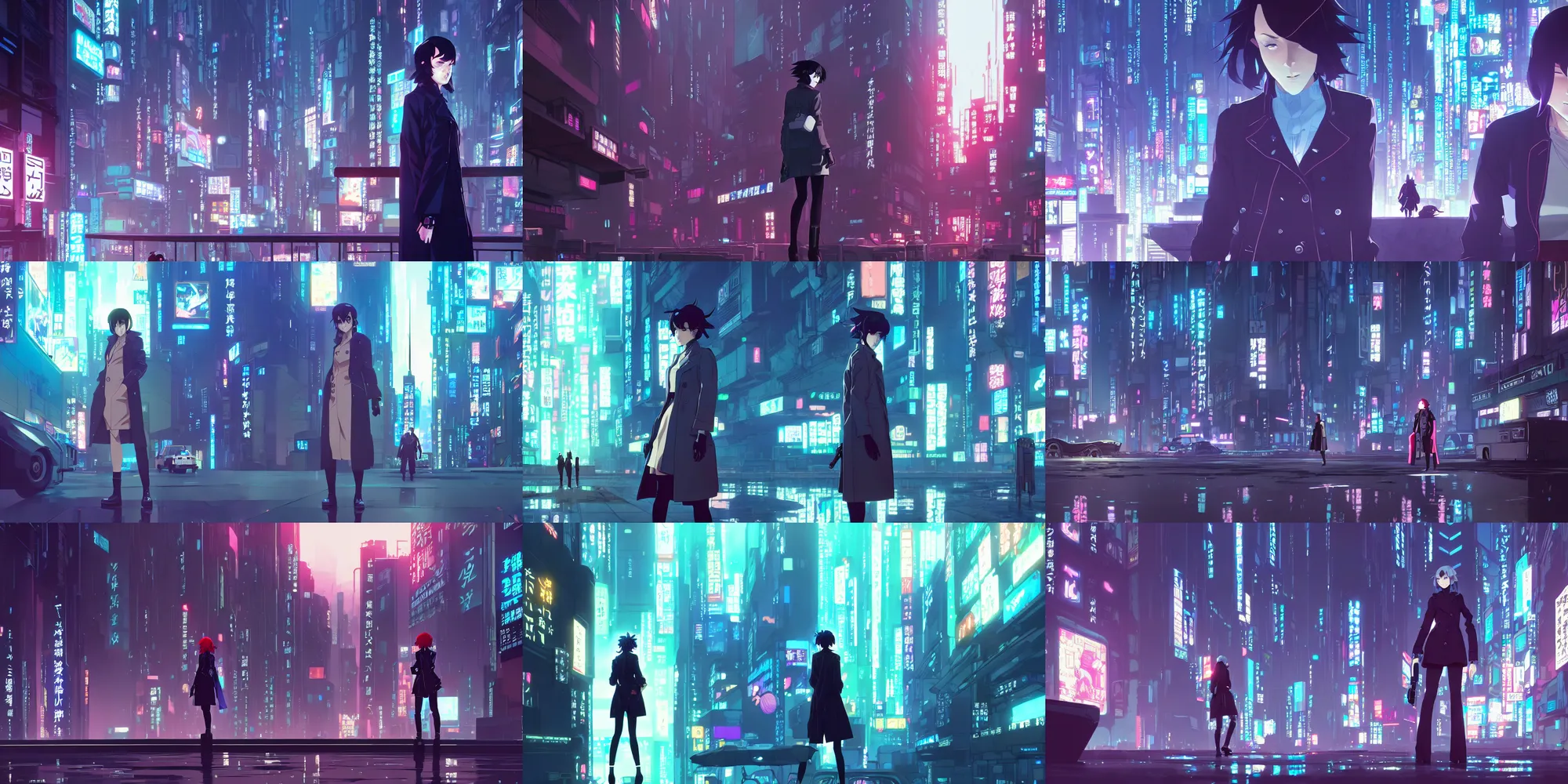 Prompt: a high definition cinematic screenshot from the detective ( noir ) cyberpunk anime film ; a lone ( ( female detective in a trenchcoat ) ) investigates a dreamworld, digital painting by josan gonzalez and ( ( makoto shinkai ) ) and masamune shirow, trending on artstation