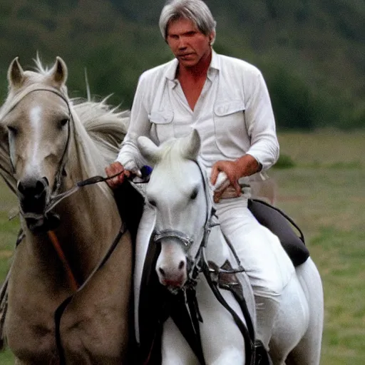 Prompt: harrison ford riding a white stallion