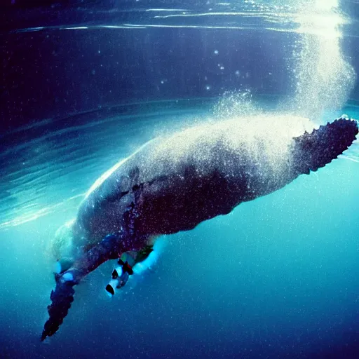 Prompt: of a humpback whale swiming in the subway, cosmos space, amazing ehtereal energy, multiverse, cinematic,