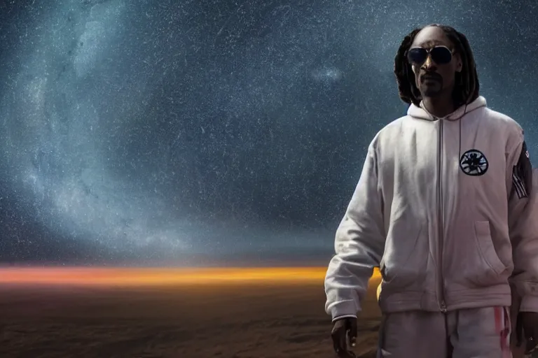 Image similar to ultra cinematic movie still of snoop dog in interstellar, volumetric lighting, award - winning, perfection, ambitious, photograph, ambient occlusion, hyper - realism, 4 k hd, qled,