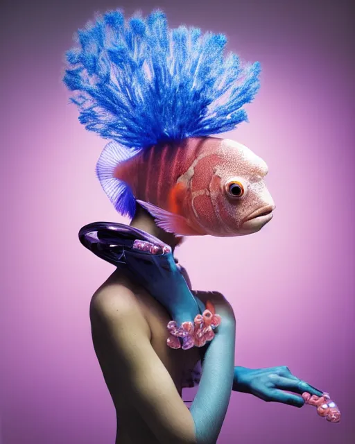 Prompt: natural light, soft focus portrait of a cyberpunk anthropomorphic clown fish with soft synthetic pink skin, blue bioluminescent plastics, smooth shiny metal, elaborate ornate head piece, piercings, skin textures, by annie leibovitz, paul lehr