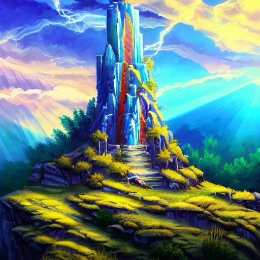 Image similar to a beautiful painting of a crystal castle set on top of a cliff, sun shining light rays thorugh the clouds, by hachiimon, trending on artstation. blue color scheme