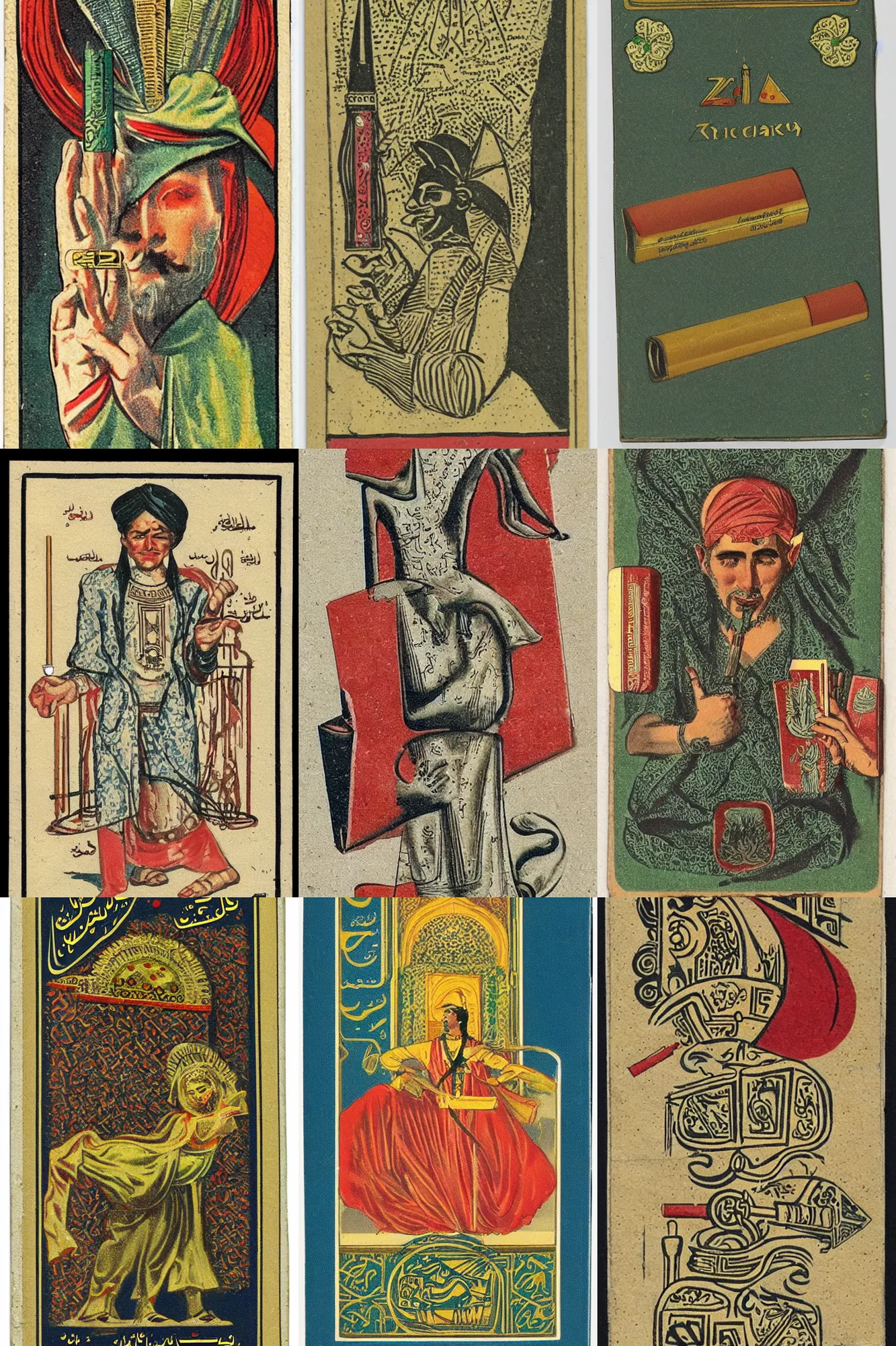 Prompt: design for a vintage cigarette pack from a zoroastrian!!!!! italy!!!!!