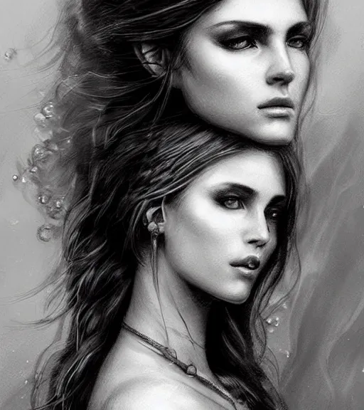 Image similar to beautiful young aphrodite goddess, archer, realistic face, beautiful piercing eyes, black and white drawing, in the style of greg rutkowski, fantasy, amazing detail, epic, intricate, elegant, smooth, sharp focus