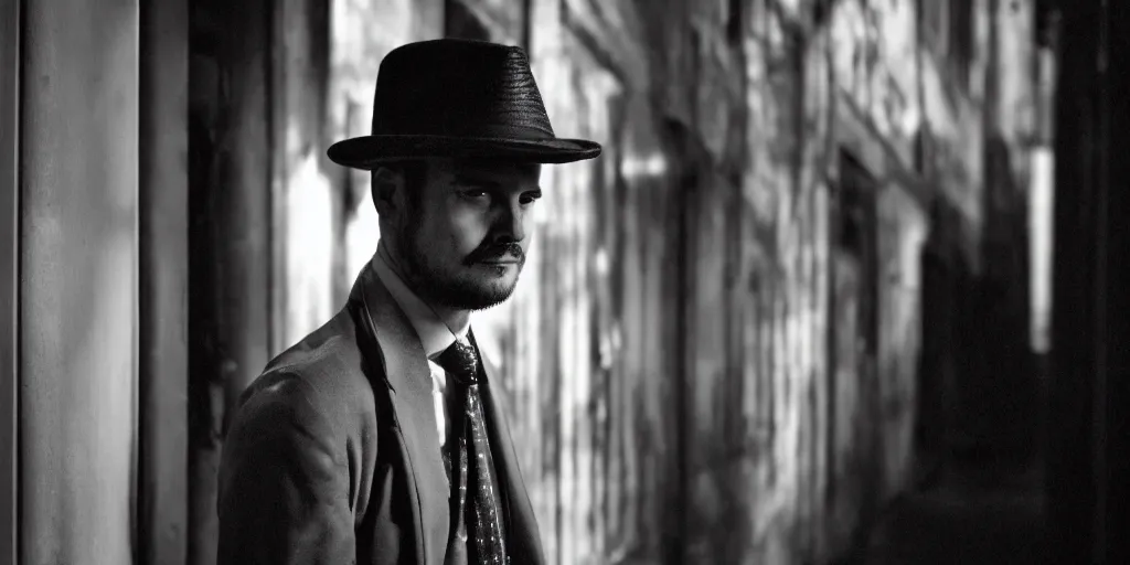 Image similar to man wearing a fedora, medium shot, neo noir, chiaroscuro lighting, cinematic, atmospheric, 35mm lens