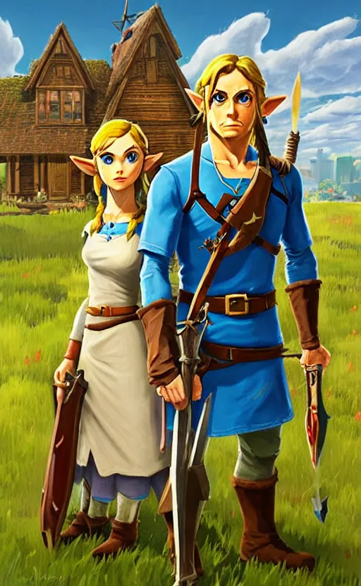 Prompt: Link and Zelda as American Gothic by Grant Wood in the style of Legend of Zelda: Breath of The Wild, unreal engine, high quality render