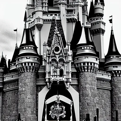 Prompt: the Disney castle made of bones and skulls, black and white