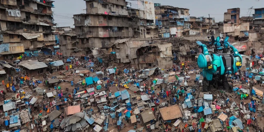 Image similar to giant mecha ROBOT of AJEGUNLE SLUMS of Lagos, writing on robot,