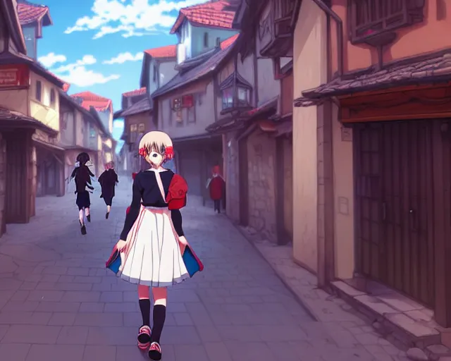 Image similar to anime still frame portrait of a young female walking through a busy medieval village, ilya kuvshinov, dynamic pose, dynamic perspective, detailed silhouette, cel shaded anime