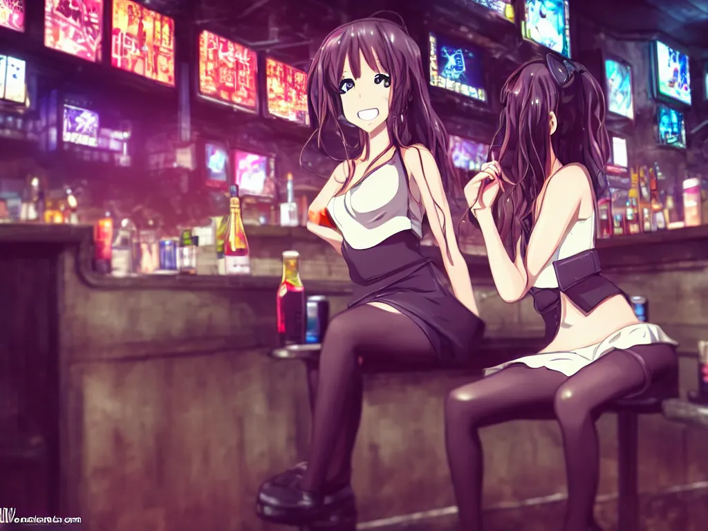 Prompt: cute anime girl sitting in a cyberpunk city bar, very detailed, perfect face