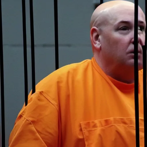 Image similar to fat and bald donald trump wearing orange jumpsuit behind bars in prison