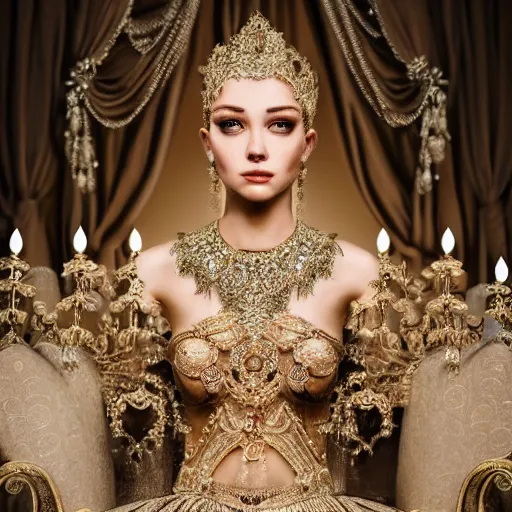 Image similar to portrait of pretty princess with perfect skin, glowing, ornate and intricate diamond jewelry, jaw dropping beauty, ornate and intricate backdrop, white accent lighting, hyper detailed, 4 k octane render