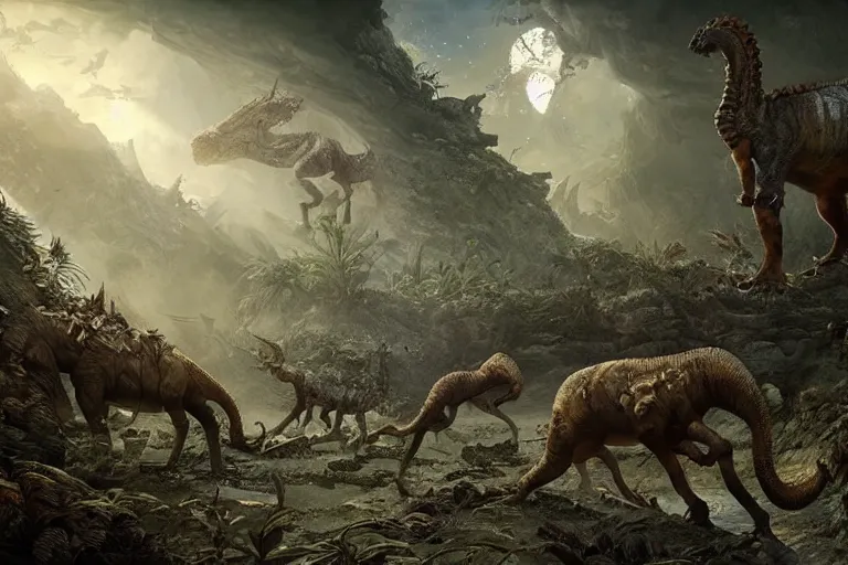 Image similar to the most amazing dream you ever had about cenozoic paleoart, hyper realistic, ambient lighting, concept art, intricate, hyper detailed, smooth, dynamic volumetric lighting, octane, cinematic